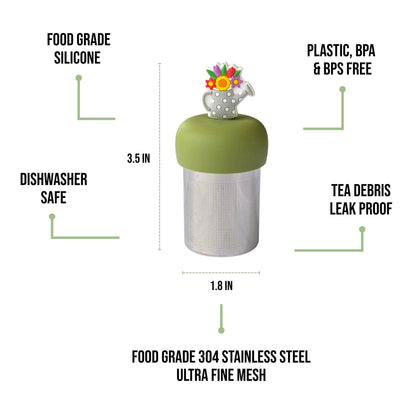 Floral watering can tea infuser with silicone and stainless steel mesh. Reusable, cute, and perfect for loose leaf tea lovers. Fits most mugs.