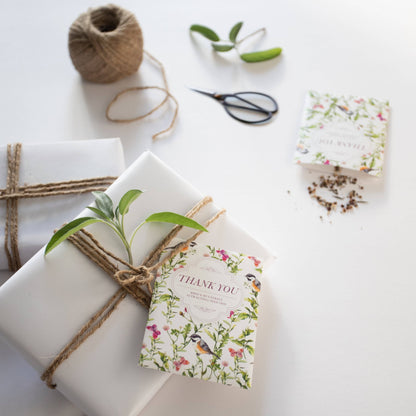 Bird &amp; butterfly wildflower seed packets with A1 envelopes. Pollinator-friendly mix attracts bees, birds, and butterflies — a perfect giftable garden favor.