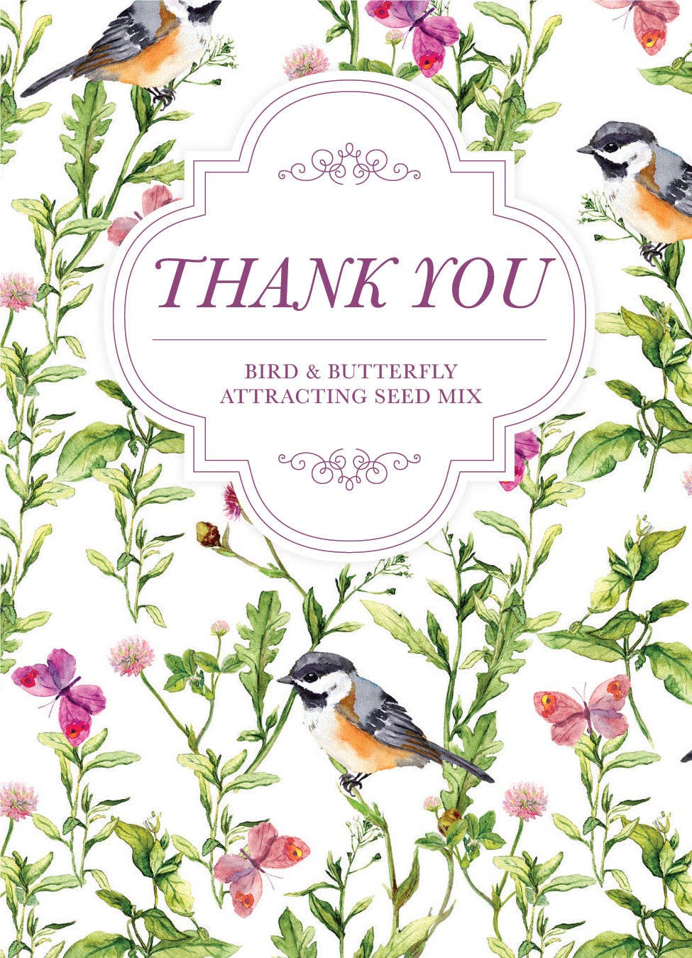 Bird &amp; butterfly wildflower seed packets with A1 envelopes. Pollinator-friendly mix attracts bees, birds, and butterflies — a perfect giftable garden favor.