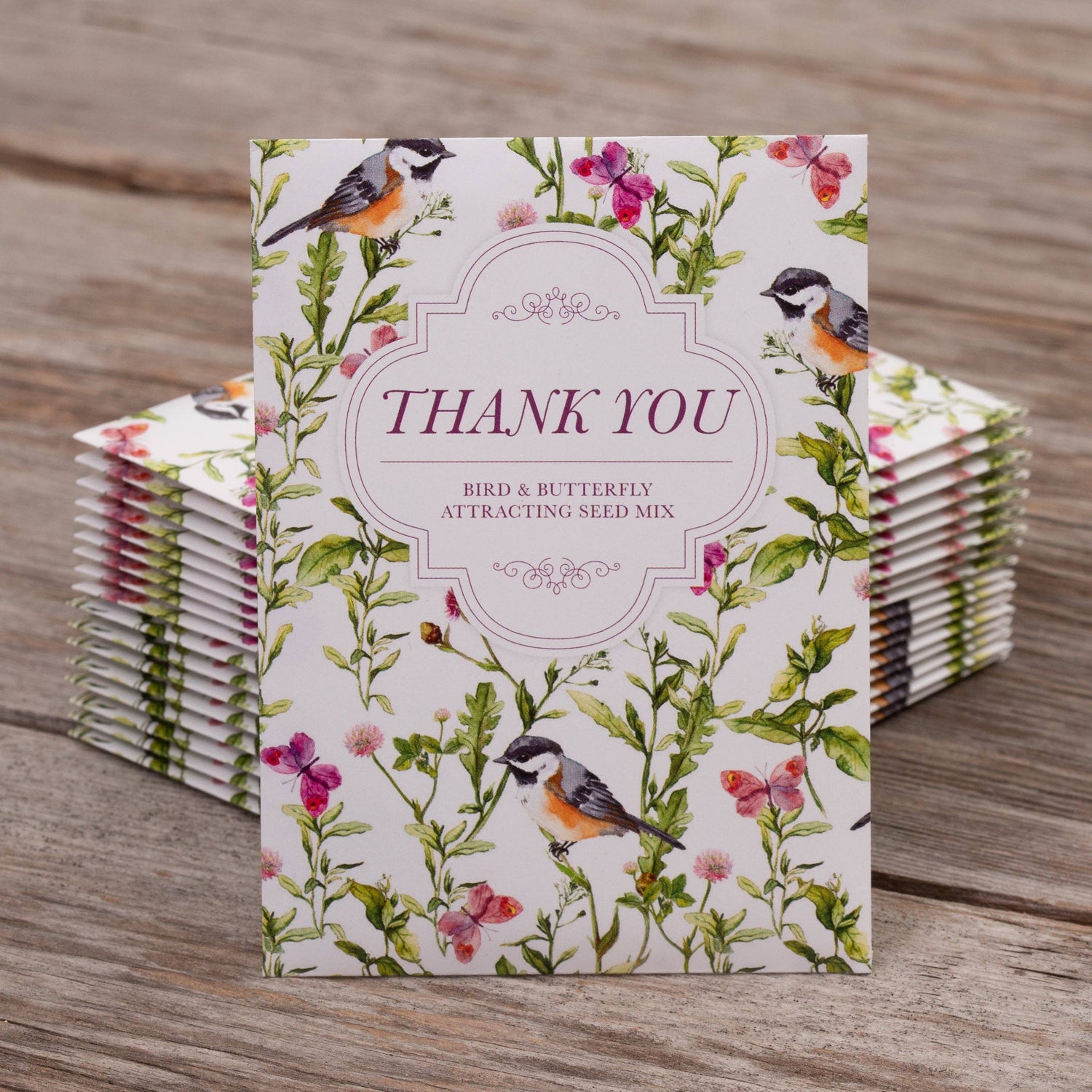 Bird &amp; butterfly wildflower seed packets with A1 envelopes. Pollinator-friendly mix attracts bees, birds, and butterflies — a perfect giftable garden favor.