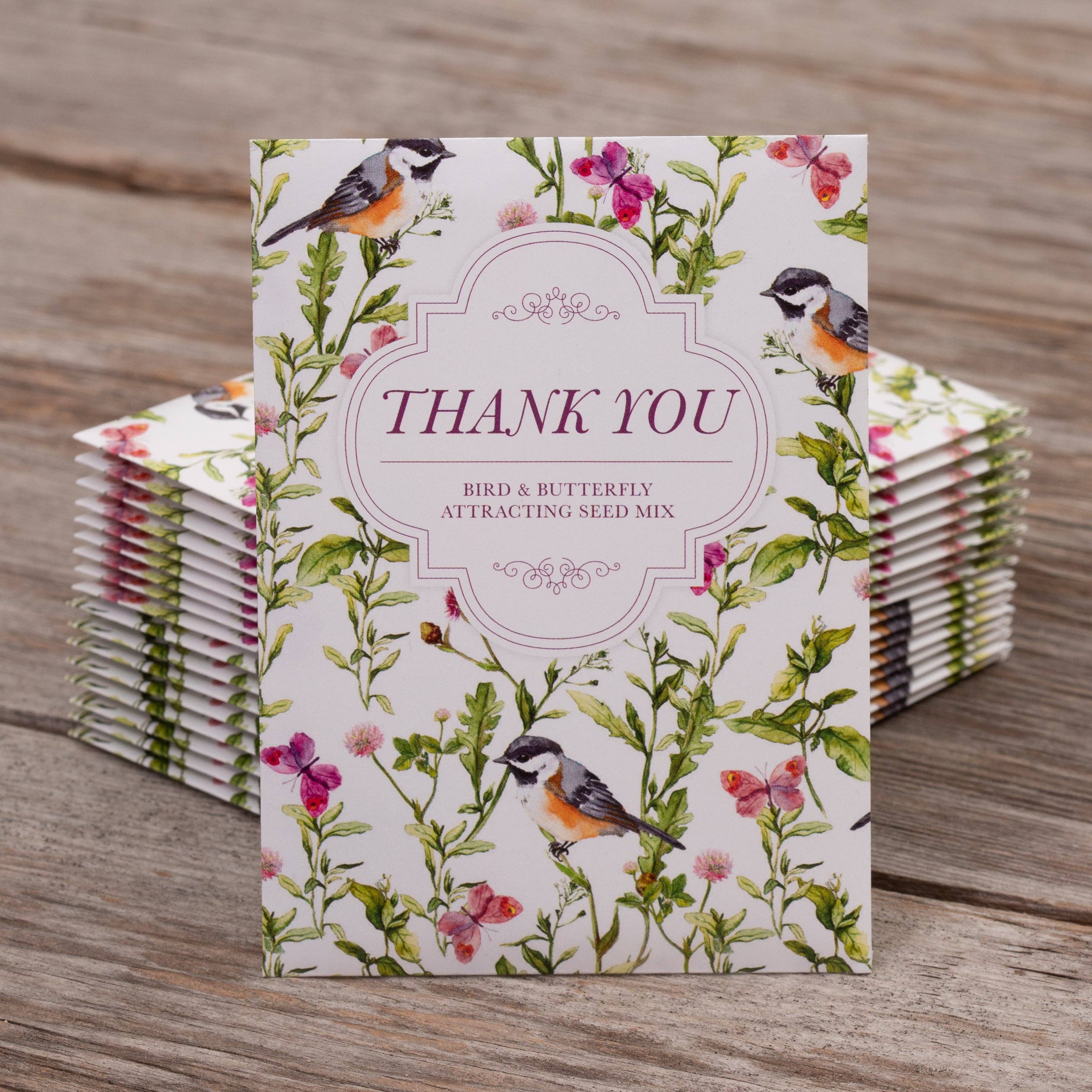 Bird &amp; butterfly wildflower seed packets with A1 envelopes. Pollinator-friendly mix attracts bees, birds, and butterflies — a perfect giftable garden favor.