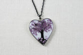 Tree of Life Purple resin heart necklace on chain, handcrafted and one-of-a-kind. A symbolic, nature-inspired piece representing growth, balance, and connection.