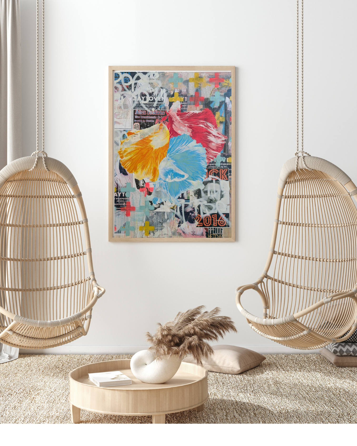 Trifecta is a 36&quot;x48&quot; mixed media artwork featuring vibrant Betta fish in bold shades of yellow, red, and blue against a layered urban backdrop of posters and graffiti. Blending the serenity of nature with the raw energy of street art, this dynamic piece adds a striking balance to any space. Perfectly paired with a Chinese Money Plant.
