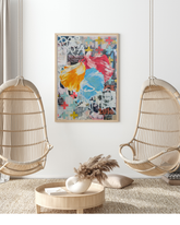 Trifecta is a 36"x48" mixed media artwork featuring vibrant Betta fish in bold shades of yellow, red, and blue against a layered urban backdrop of posters and graffiti. Blending the serenity of nature with the raw energy of street art, this dynamic piece adds a striking balance to any space. Perfectly paired with a Chinese Money Plant.