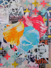 Trifecta is a 36"x48" mixed media artwork featuring vibrant Betta fish in bold shades of yellow, red, and blue against a layered urban backdrop of posters and graffiti. Blending the serenity of nature with the raw energy of street art, this dynamic piece adds a striking balance to any space. Perfectly paired with a Chinese Money Plant.