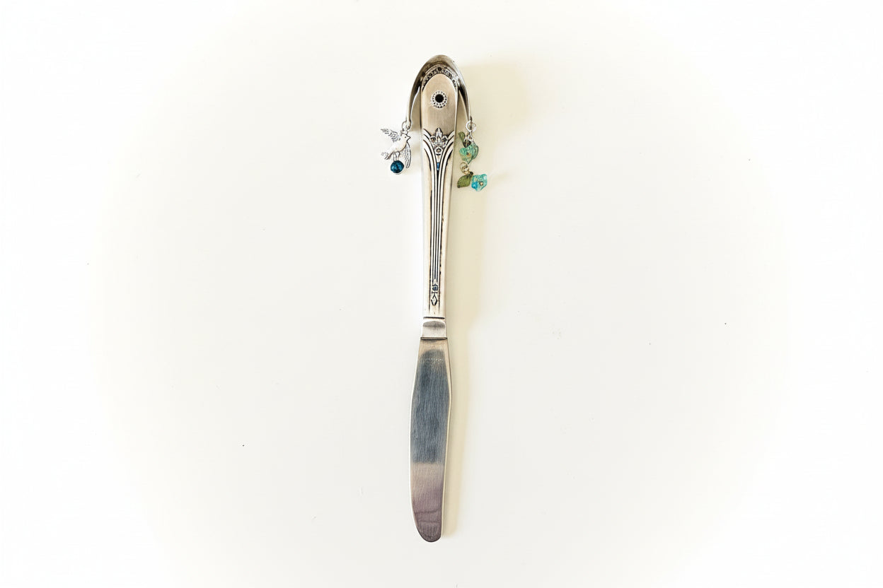 Handcrafted silverware birdhouse plant stake by KStonely. Upcycled, hand-painted, and beaded—whimsical cottagecore décor perfect for adding charm to any plant.