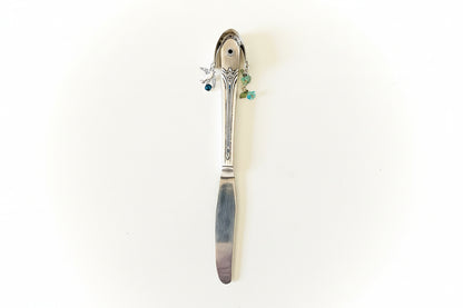Handcrafted silverware birdhouse plant stake by KStonely. Upcycled, hand-painted, and beaded—whimsical cottagecore décor perfect for adding charm to any plant.