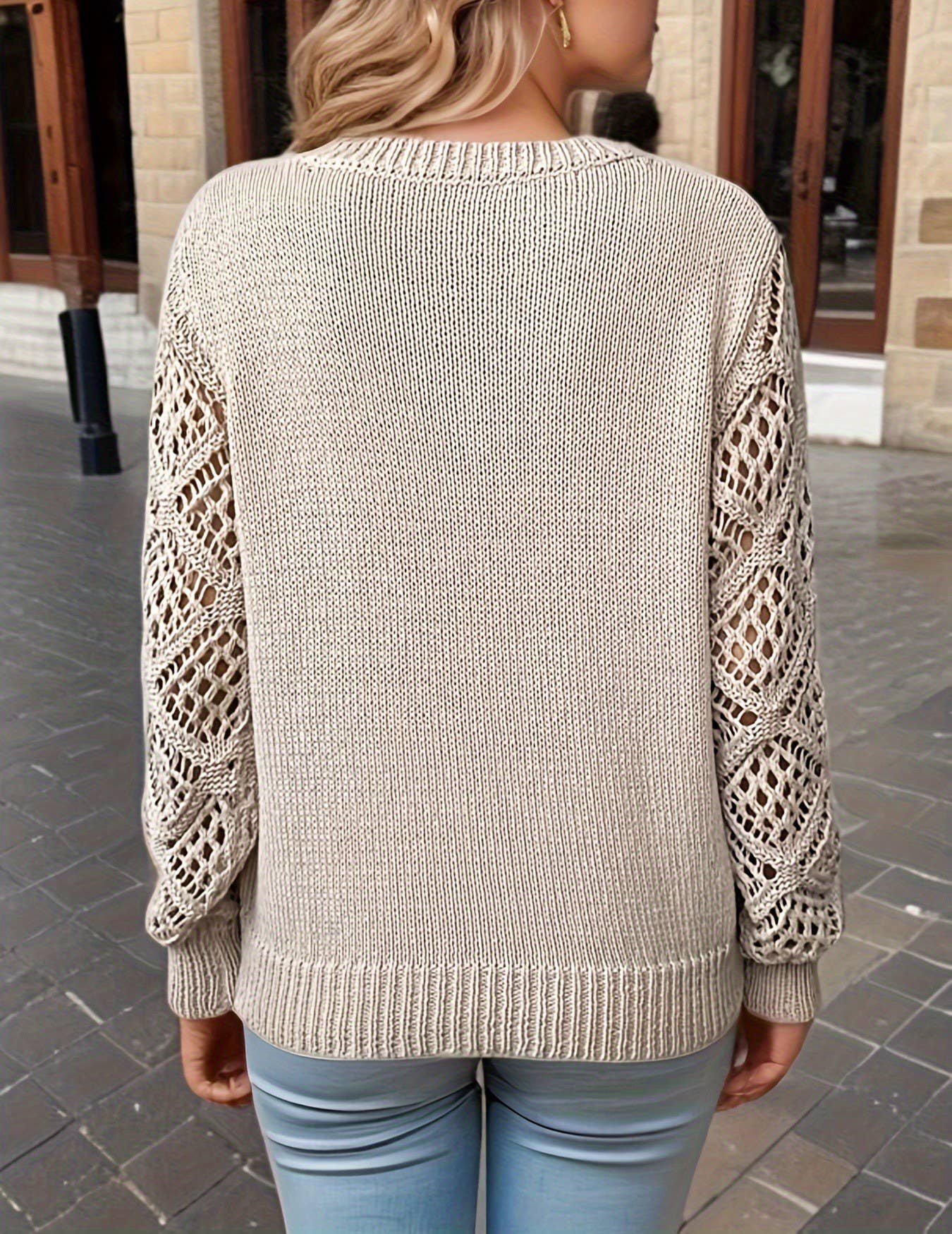 Chic V-neck hollow-knit sweater with long sleeves, perfect for fall layering. Cozy, breathable, and stylish—pairs effortlessly with denim, skirts, or boots.