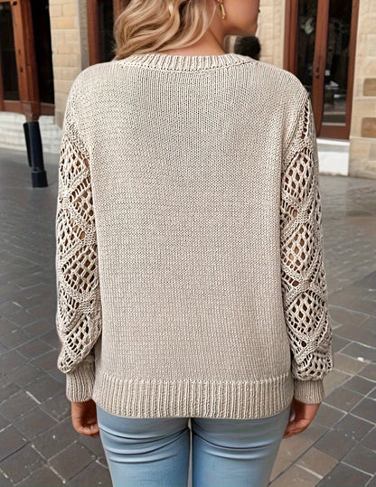 Chic V-neck hollow-knit sweater with long sleeves, perfect for fall layering. Cozy, breathable, and stylish—pairs effortlessly with denim, skirts, or boots.