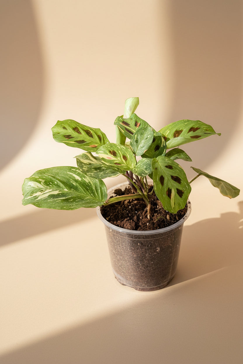 Variegated Prayer Plant (Maranta leuconeura ‘Variegata’) with creamy patterned leaves and nightly movement. Pet-safe, trailing tropical perfect for bright indirect light.