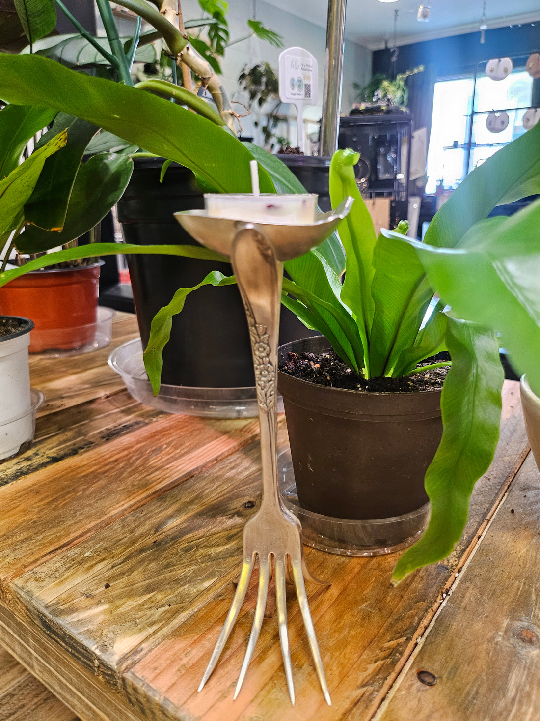 Handcrafted vintage silverware votive holder with soy candle, made from 1954 Country Lane silverware. A timeless, one-of-a-kind piece.