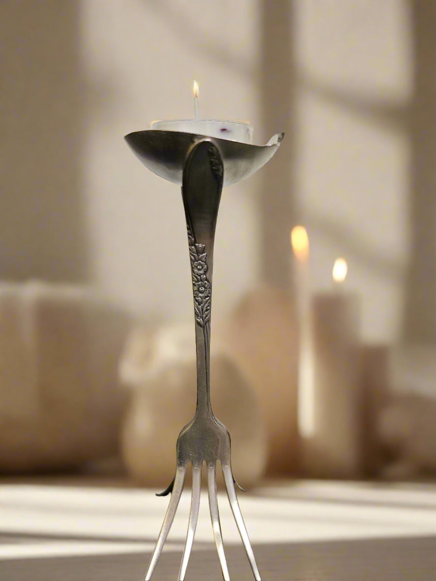 Handcrafted vintage silverware votive holder with soy candle, made from 1954 Country Lane silverware. A timeless, one-of-a-kind piece.
