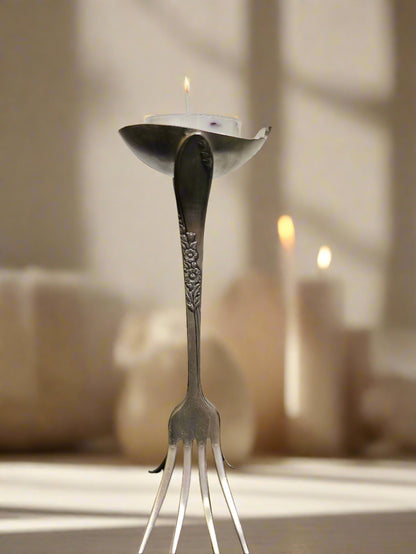 Handcrafted vintage silverware votive holder with soy candle, made from 1954 Country Lane silverware. A timeless, one-of-a-kind piece.