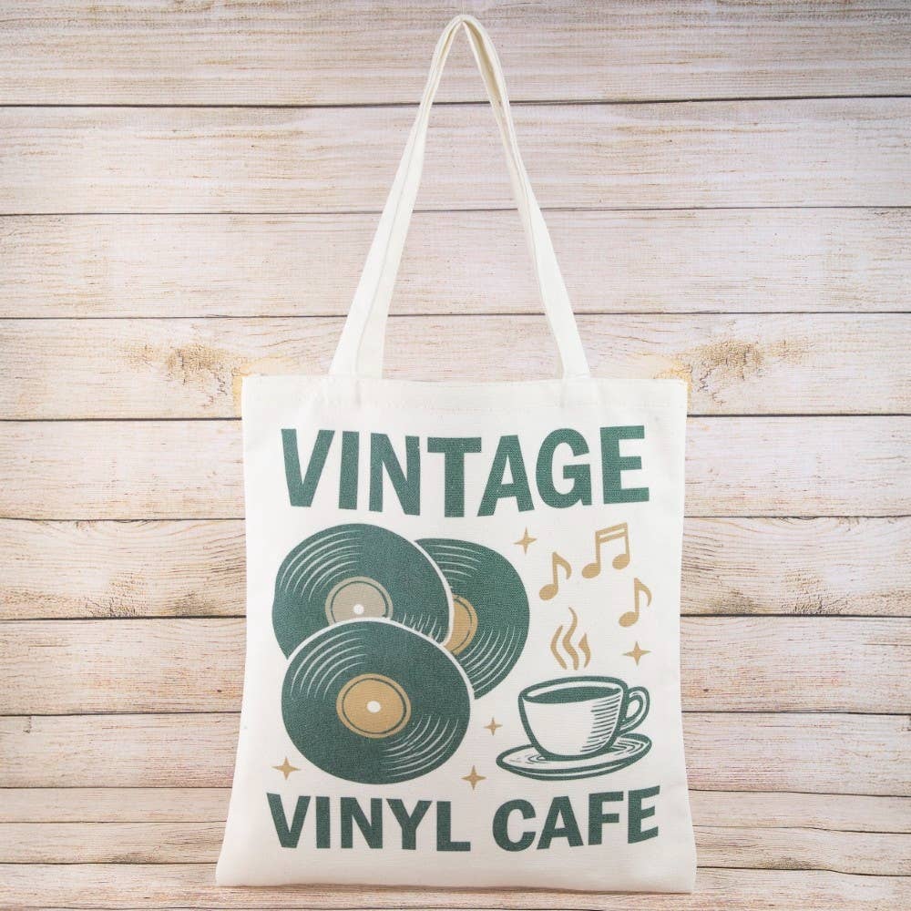 Vintage Vinyl Café Tote Bag featuring retro record shop artwork and a relaxed oversized design. Lightweight, stylish, and perfect for everyday essentials.