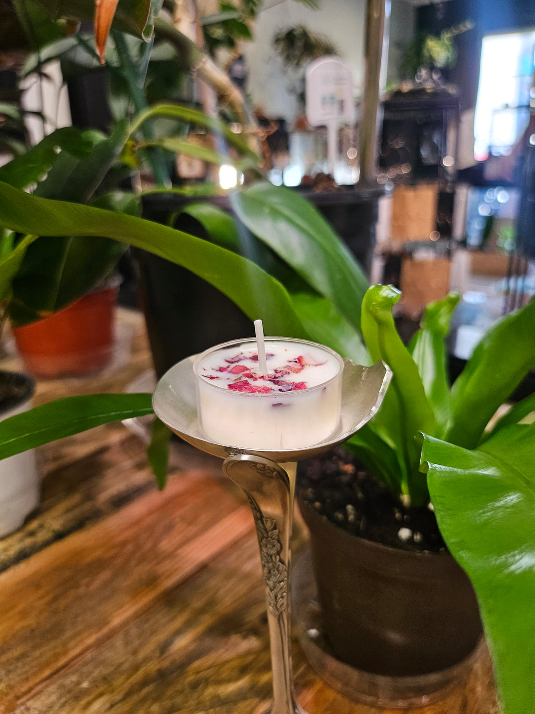 Handcrafted vintage silverware votive holder with soy candle, made from 1954 Country Lane silverware. A timeless, one-of-a-kind piece.