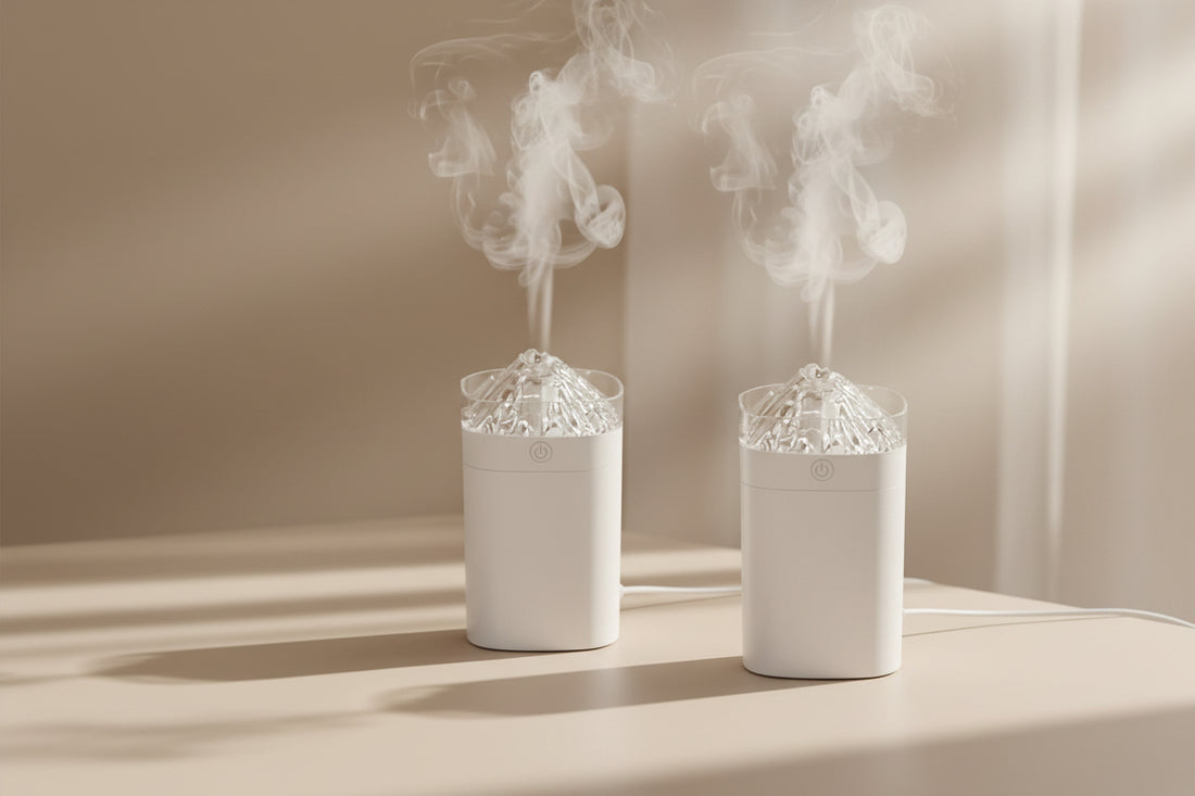 Volcano mini humidifier with 7-color night light and cool mist. 400ml USB desk humidifier with auto shut-off for bedrooms, offices, and plants.