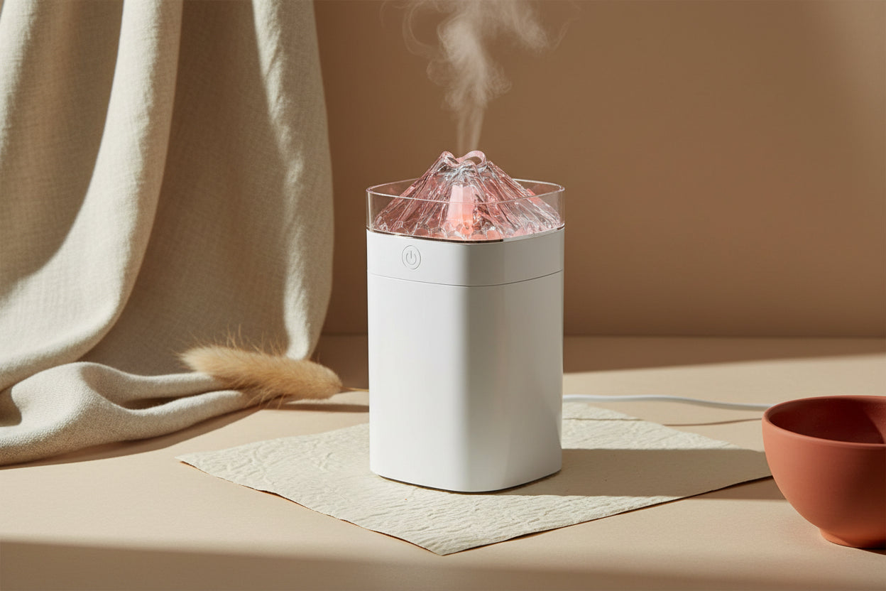 Volcano mini humidifier with 7-color night light and cool mist. 400ml USB desk humidifier with auto shut-off for bedrooms, offices, and plants.