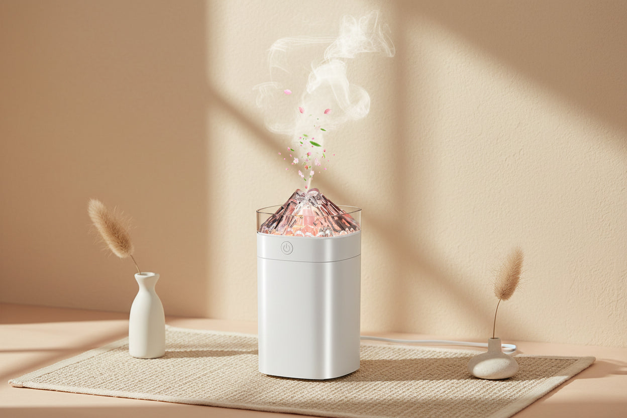 Volcano mini humidifier with 7-color night light and cool mist. 400ml USB desk humidifier with auto shut-off for bedrooms, offices, and plants.
