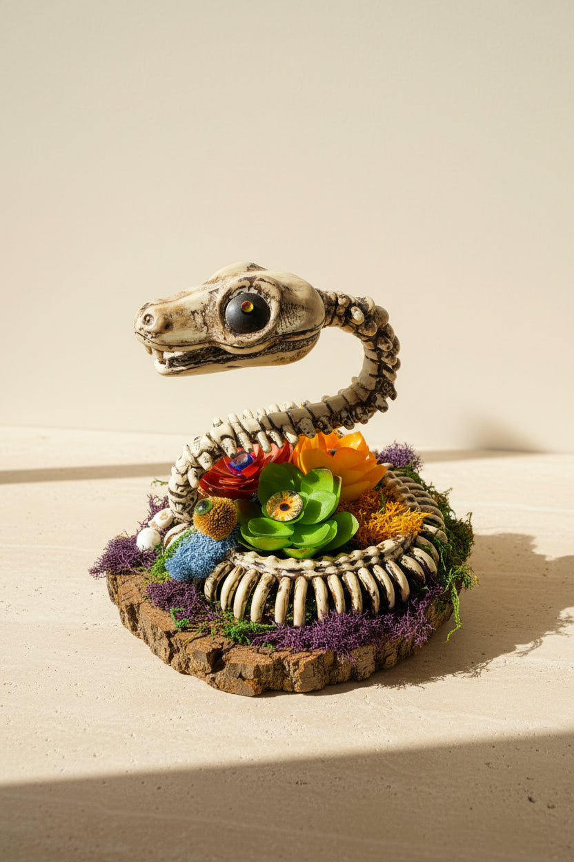 Whimsical Snake Charmer Skeleton sculpture on walnut wood with moss, faux flowers &amp; eerie details. Handcrafted oddity art by KStonely.