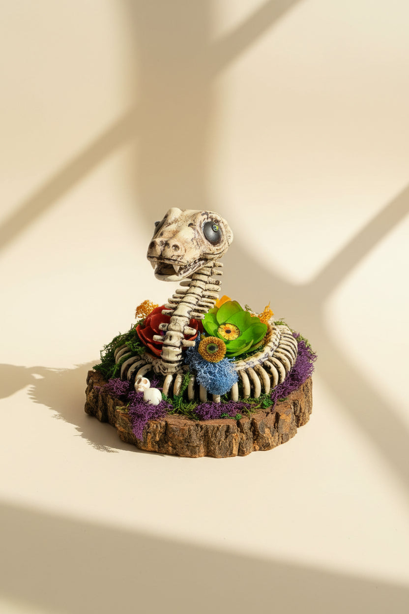 Whimsical Snake Charmer Skeleton sculpture on walnut wood with moss, faux flowers &amp; eerie details. Handcrafted oddity art by KStonely.