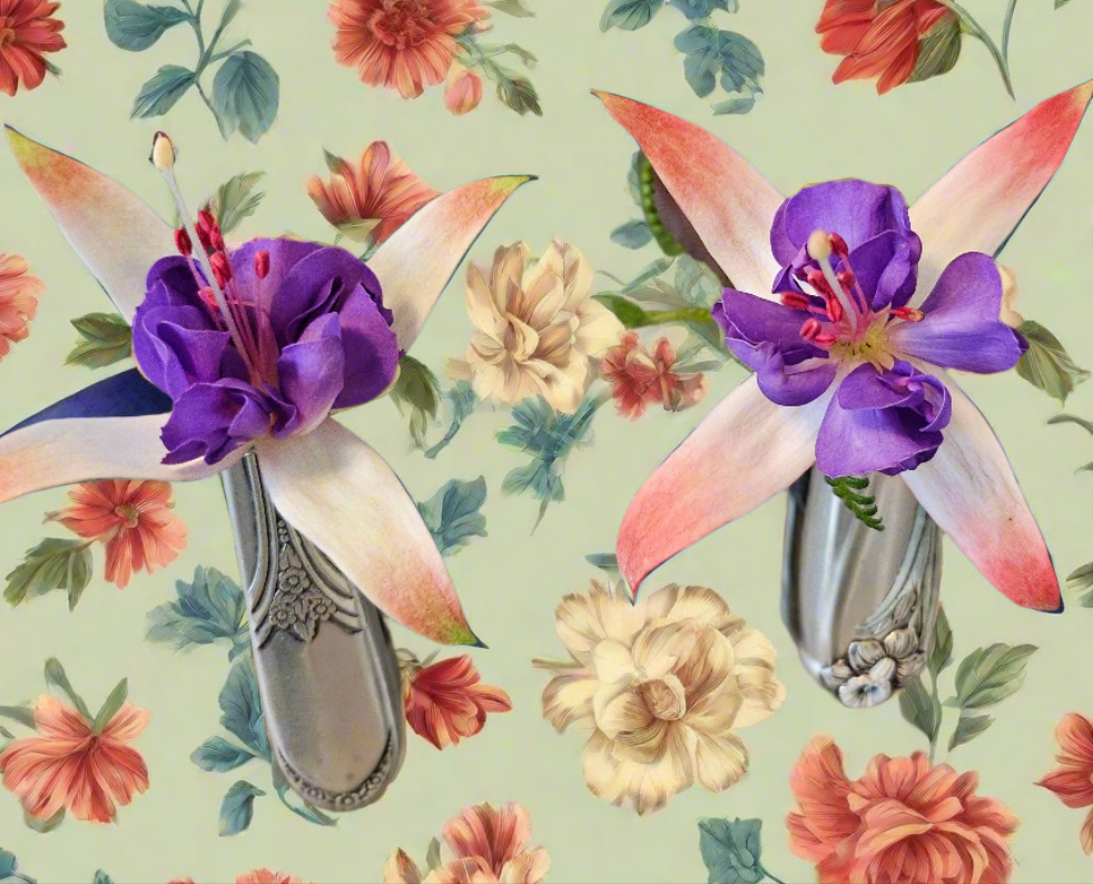 Whimsical bud vases crafted from vintage silverware with magnetic backs—perfect for single blooms and small clippings. Each one is a one-of-a-kind treasure.