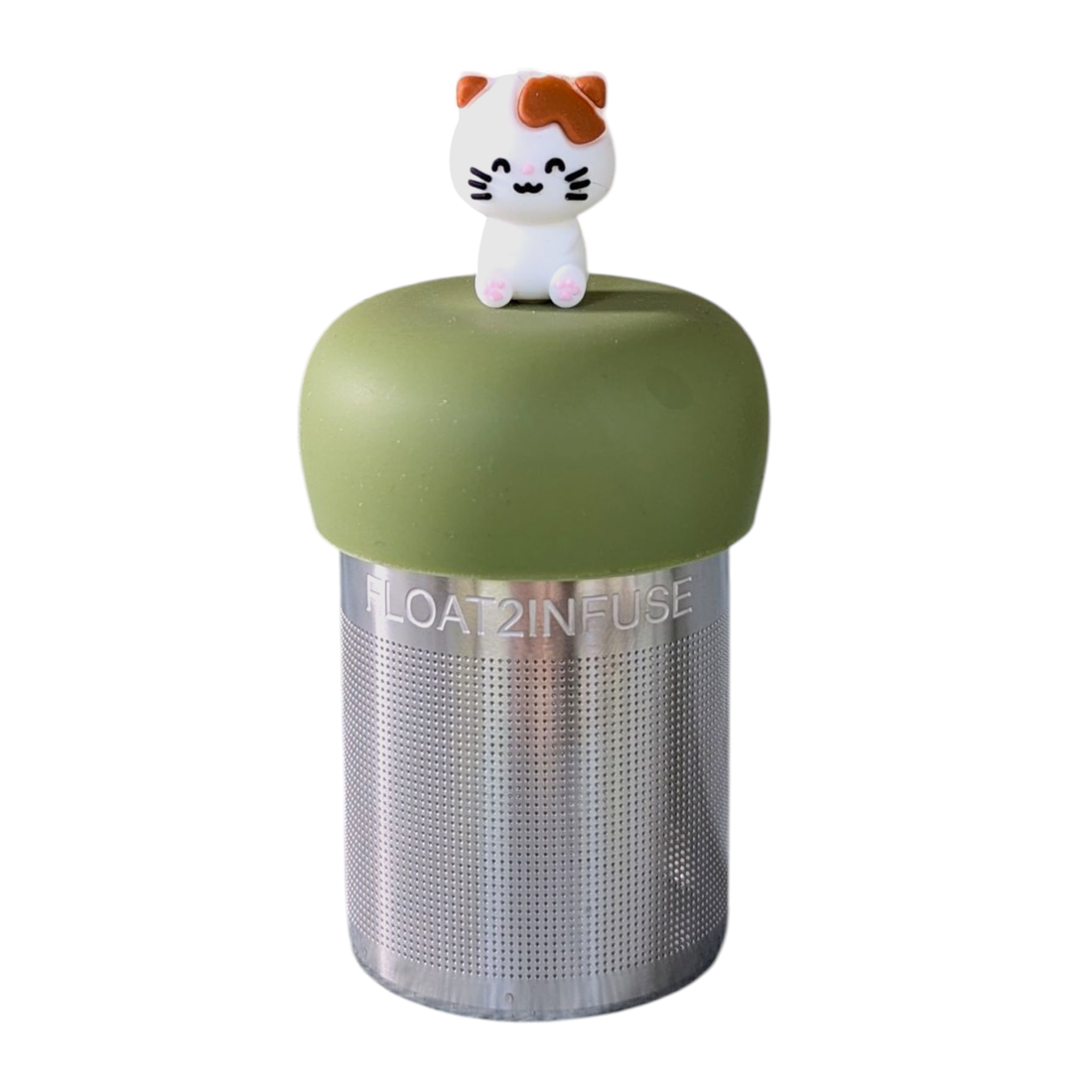 White &amp; Brown Kitty Tea Steeper — a universal, leak-proof loose-leaf infuser with ultra-fine 304 mesh and food-grade silicone. Cute, reusable, dishwasher-safe, perfect for hot or cold brew. Supports special education.