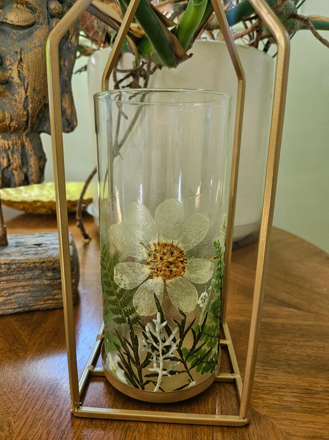 White Daisy &amp; Ferns Gold Lantern features real pressed flowers in a gold frame—perfect for adding woodland charm and soft, natural light to any space.