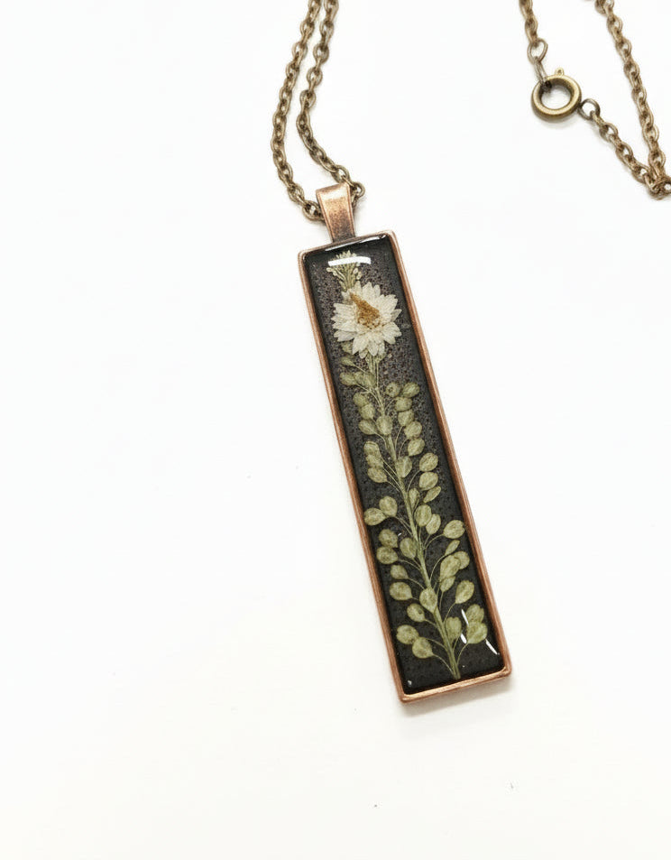 Forest Night Botanical Necklace with real preserved botanicals in resin. A moody, handcrafted nature-inspired keepsake for woodland lovers.
