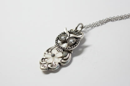 Handcrafted owl necklace made from vintage silverware. 1" pendant on 18" chain. Unique, upcycled jewelry with charm, symbolism, and timeless style.