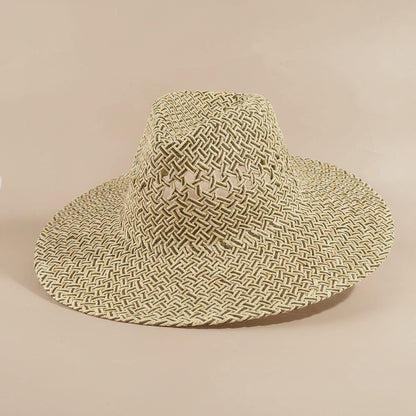Open weave wide brim straw hat featuring breathable lattice texture and lightweight paper straw design. Perfect for beach days, festivals, vacations, and summer styling.