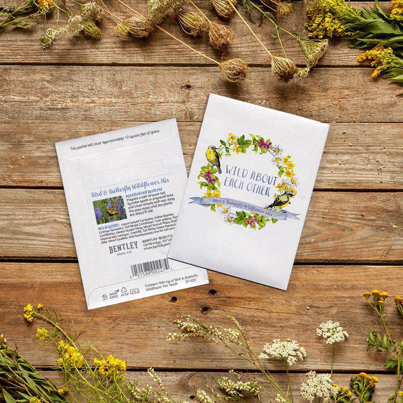 Bird &amp; butterfly wildflower seed packets with A1 envelopes. Pollinator-friendly mix attracts bees, birds, and butterflies — a perfect giftable garden favor.