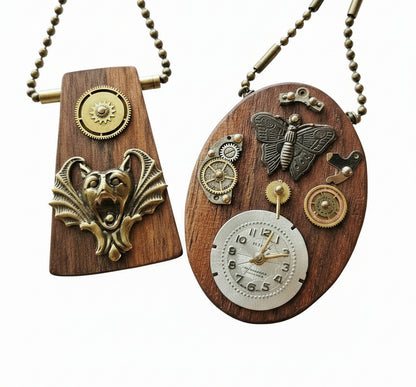 Wildcrafted Wood Art Pendants handcrafted by artist KStonely with natural wood, beads, gears, and mixed-media elements. Unique, one-of-a-kind wearable art necklaces.