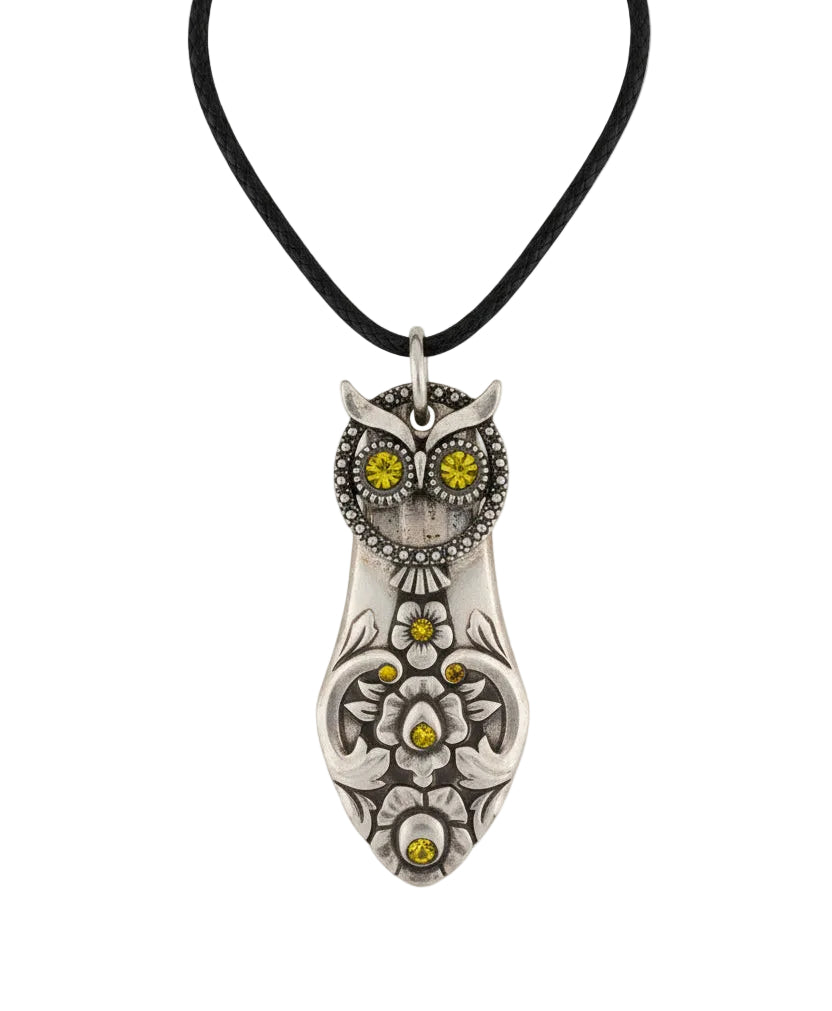 Handcrafted owl pendant made from vintage silverware. A whimsical, one-of-a-kind necklace symbolizing wisdom—perfect for owl lovers and vintage jewelry fans.