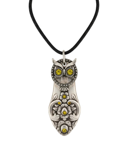 Handcrafted owl pendant made from vintage silverware. A whimsical, one-of-a-kind necklace symbolizing wisdom—perfect for owl lovers and vintage jewelry fans.