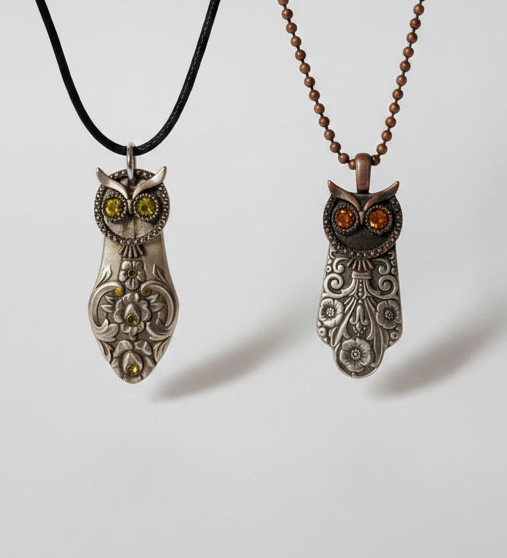Handcrafted owl pendant made from vintage silverware. A whimsical, one-of-a-kind necklace symbolizing wisdom—perfect for owl lovers and vintage jewelry fans.