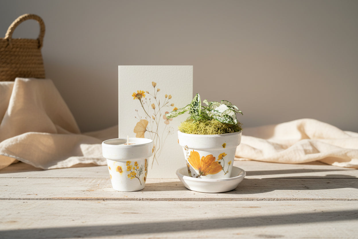 Mother’s Day gift set with live plant, floral terra cotta pot, soy coconut candle, and pressed flower card