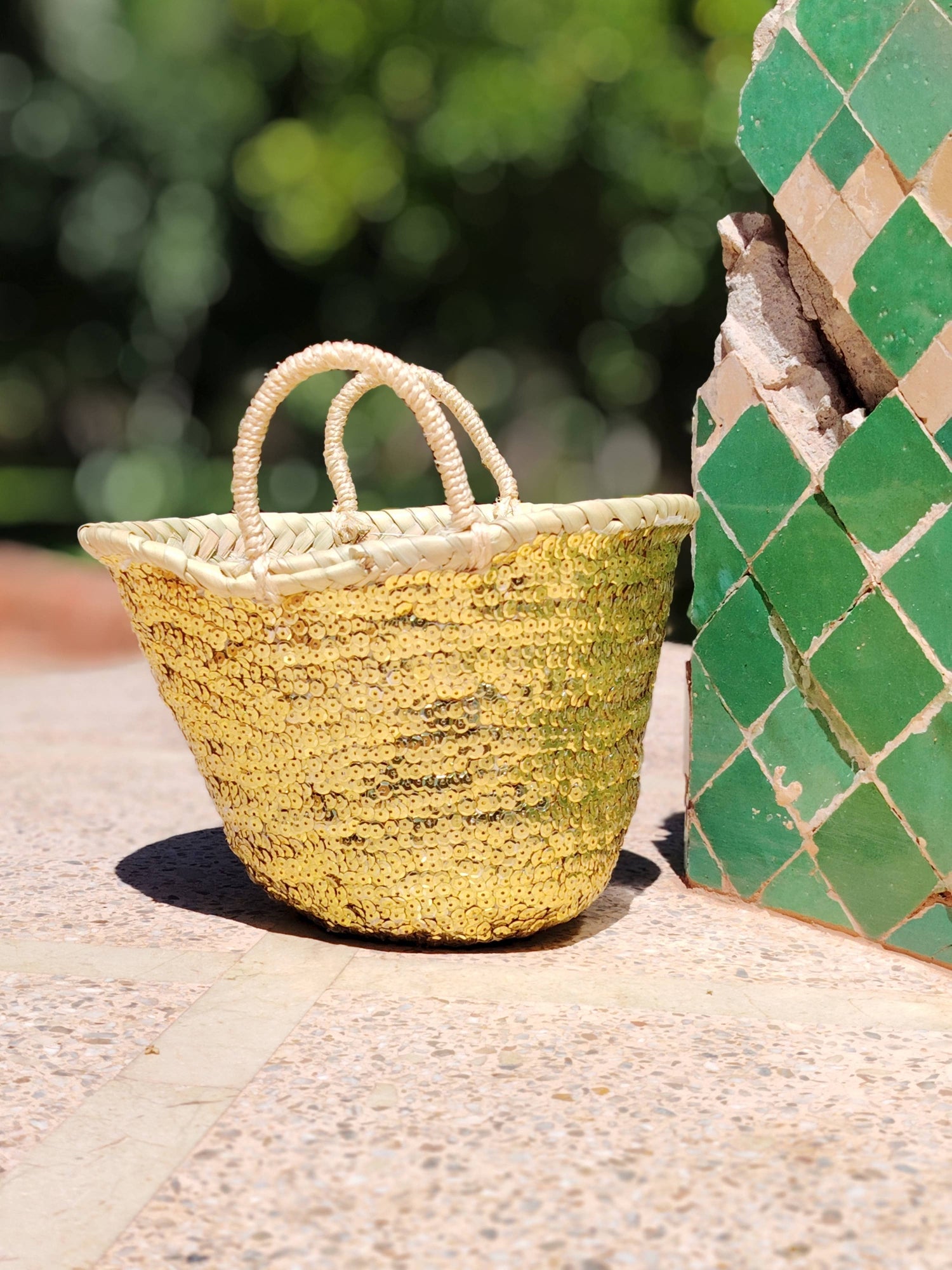 Twins Basket - Handwoven Straw Tote Basket – Gold Sequin Embellished