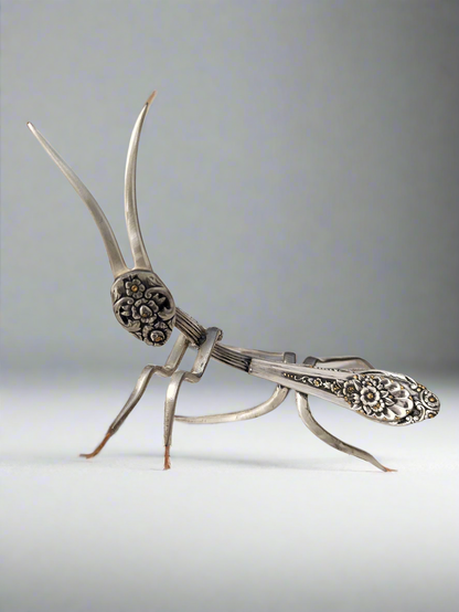 Praying Mantis Handcrafted from Vintage Silverware | Salvaged Silver