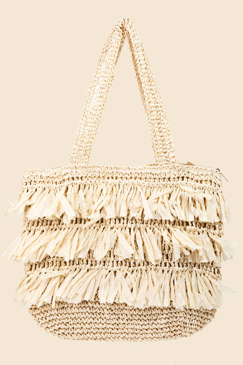 Straw Braided Raffia Fringe Tote Bag