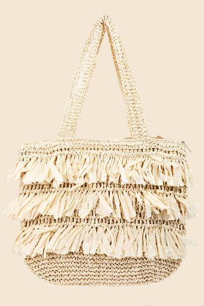 Straw Braided Raffia Fringe Tote Bag