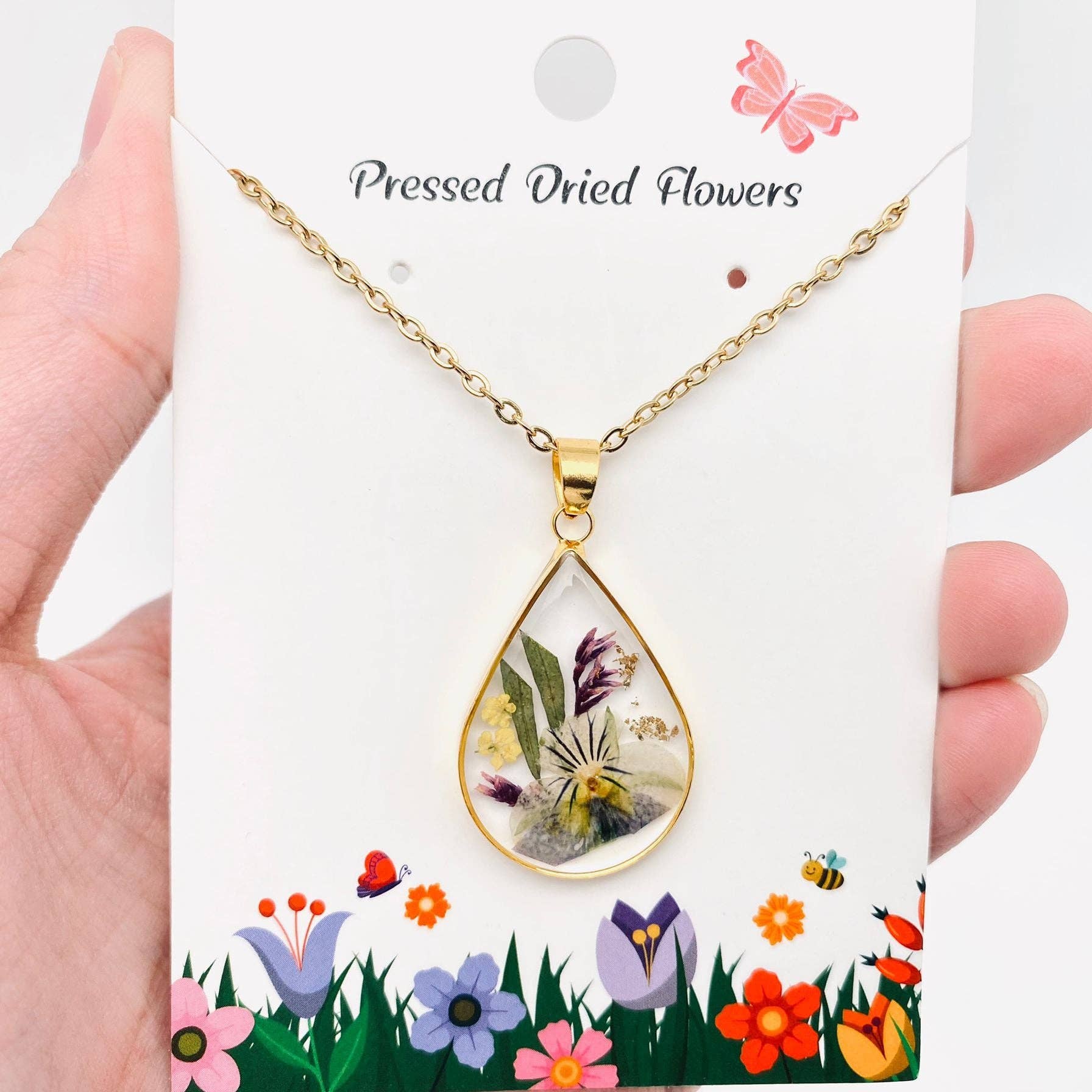 Genuine Pressed Dried Flower Floral Gold Teardrop Charm Necklace