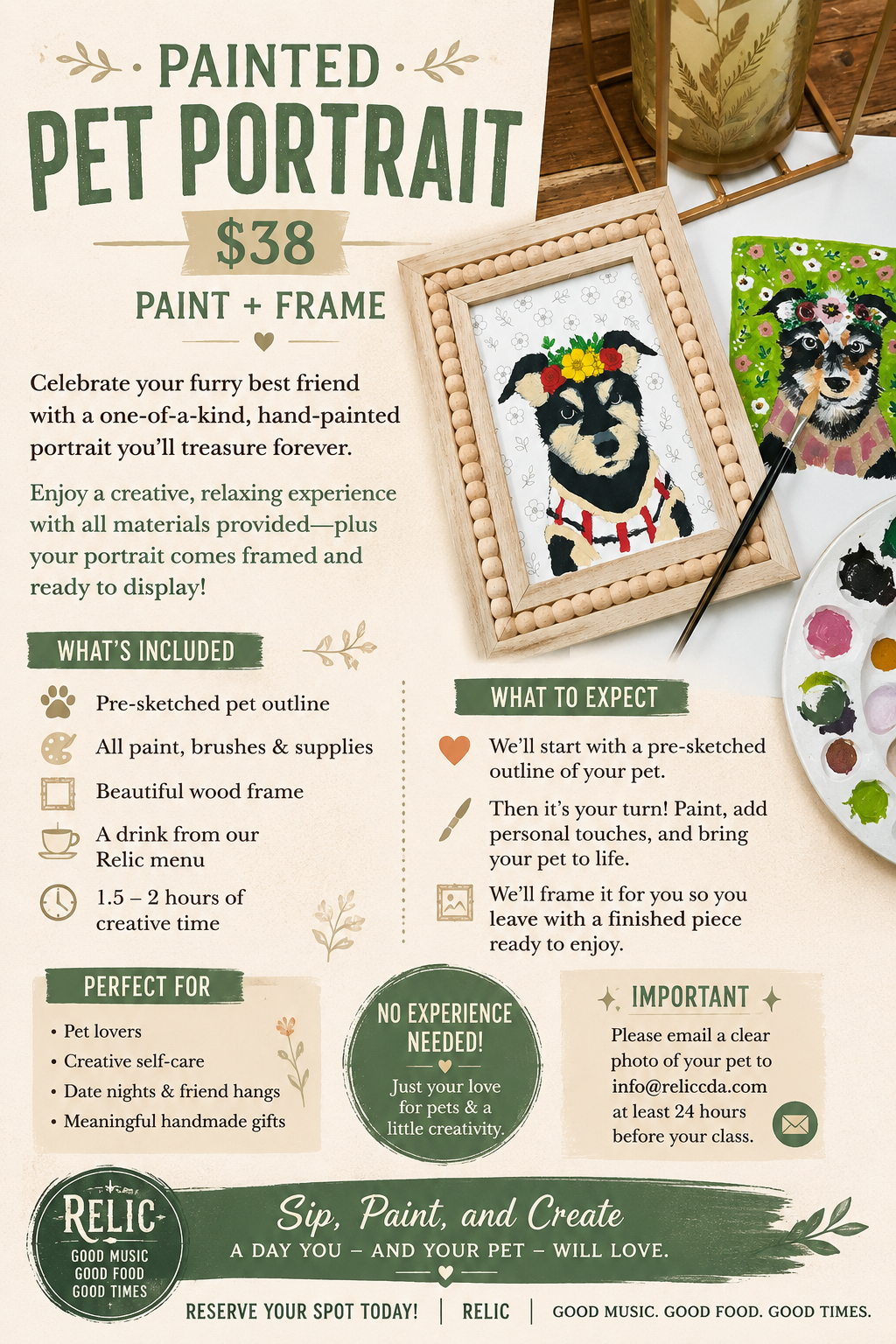 Create a hand-painted pet portrait at Jungle Relics. Includes a pre-sketched canvas, frame, supplies, tea, and guided instruction. No experience needed.