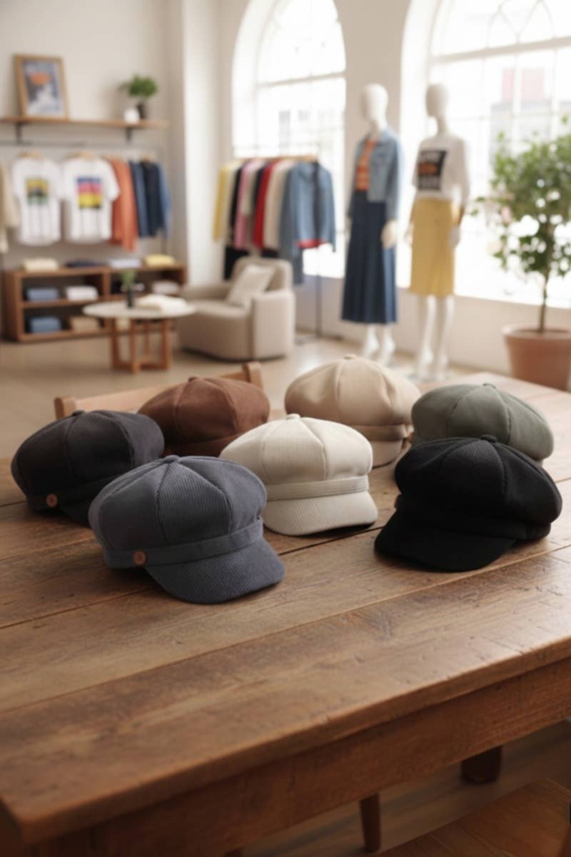 Add vintage charm with our Corduroy Cabbie Hat, featuring a curved brim, button accent, and elastic stretch back. Available in seven versatile colors.