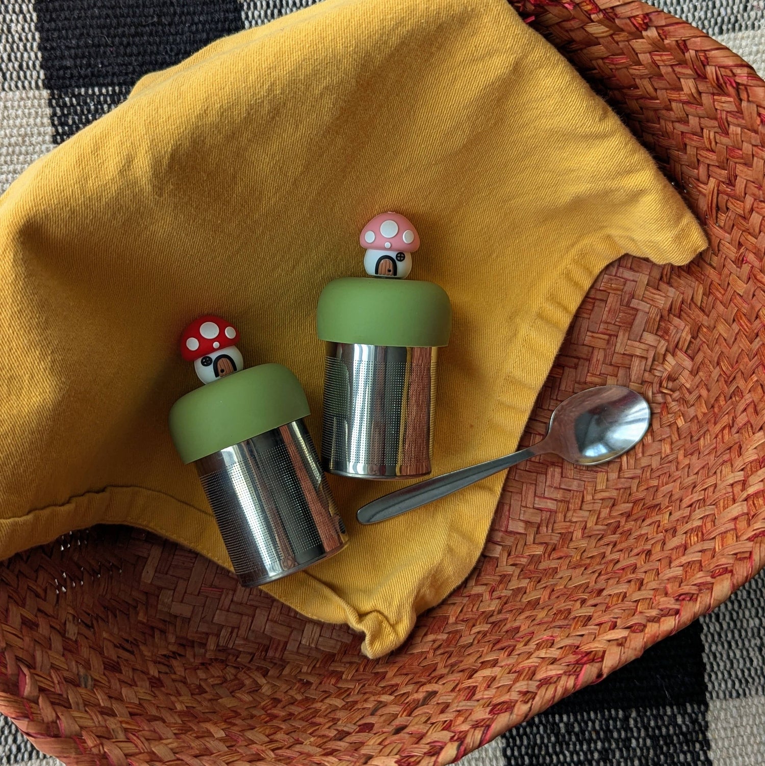 Charming Pink Mushroom Cottage Tea Steeper with silicone cap and fine mesh. Perfect for hot or iced tea, reusable, giftable, and designed with heart.