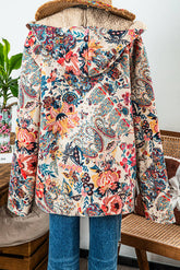 Stay cozy in this Vintage Paisley Floral Sherpa Lined Hooded Jacket—retro print, warm lining, and a comfy hood for stylish cold-weather layering.