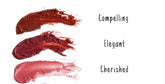 Just Bee Dark Collection Lip Shimmers in Compelling, Elegant & Cherished. Organic, cruelty-free, mineral-based beauty with nourishing beeswax & botanicals.