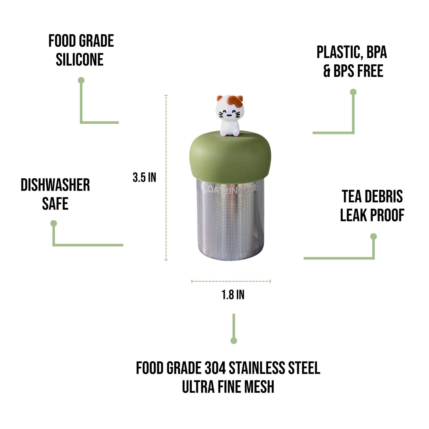 White &amp; Brown Kitty Tea Steeper — a universal, leak-proof loose-leaf infuser with ultra-fine 304 mesh and food-grade silicone. Cute, reusable, dishwasher-safe, perfect for hot or cold brew. Supports special education.