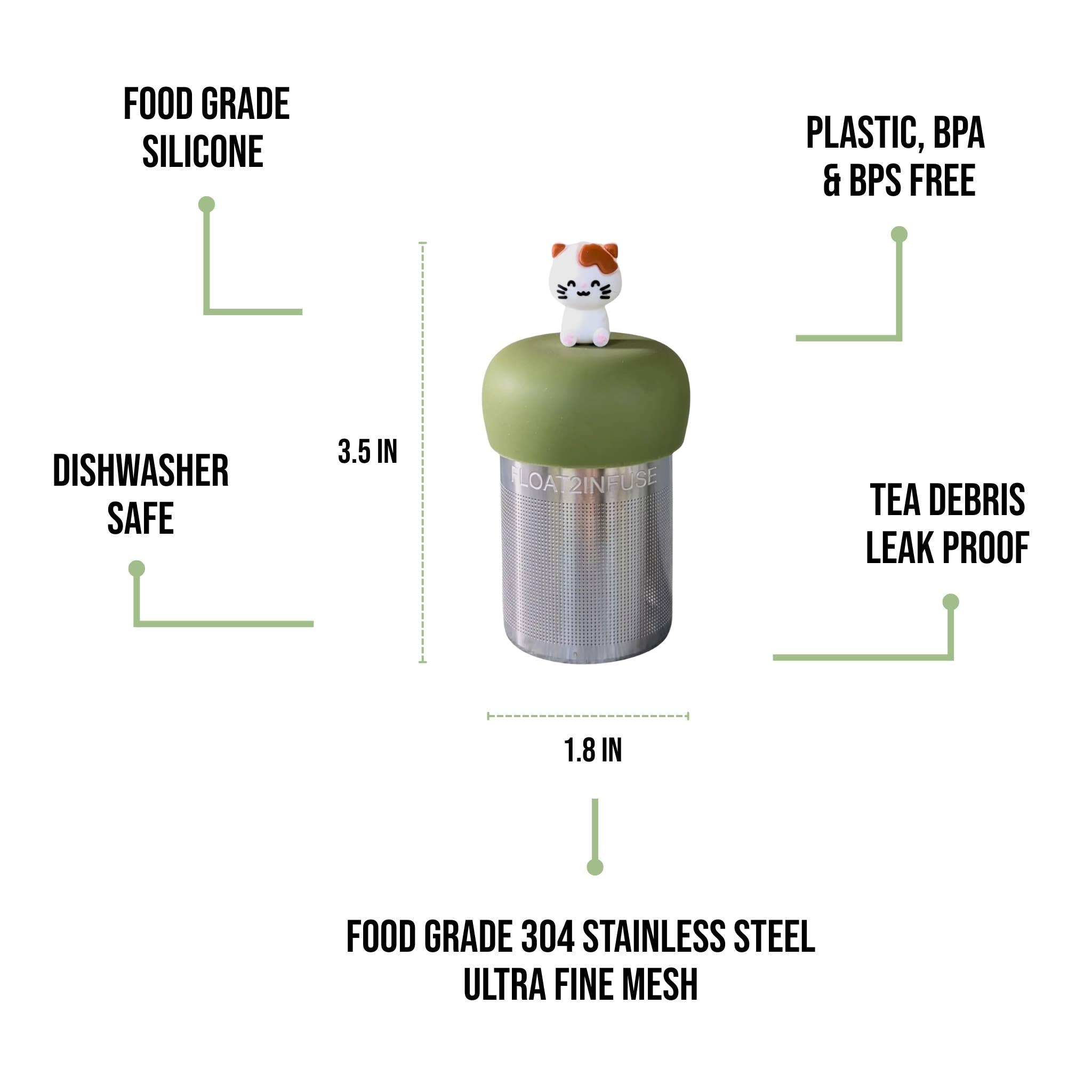 White &amp; Brown Kitty Tea Steeper — a universal, leak-proof loose-leaf infuser with ultra-fine 304 mesh and food-grade silicone. Cute, reusable, dishwasher-safe, perfect for hot or cold brew. Supports special education.