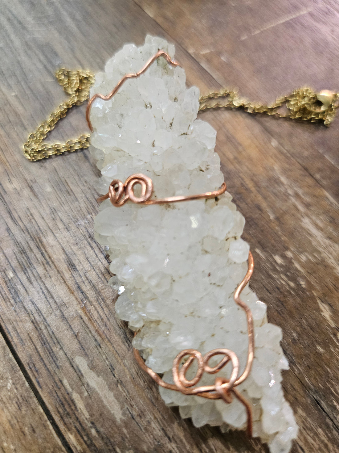  Handmade copper wire-wrapped crystal necklace by Kstonely. Features a 3&quot; x 1&quot; pendant on a gold chain—rustic, elegant, and perfect for boho jewelry lovers.